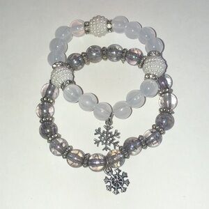 Beaded Snowflake Charm Bracelet Set - White and Iridescent